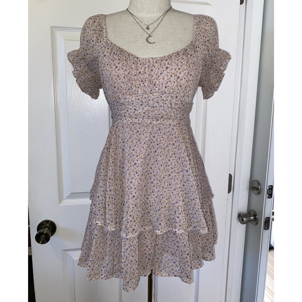 Blue Rain Pink Floral Square Neck Puff Sleeve Ruffle Mini Dress Romper Size L